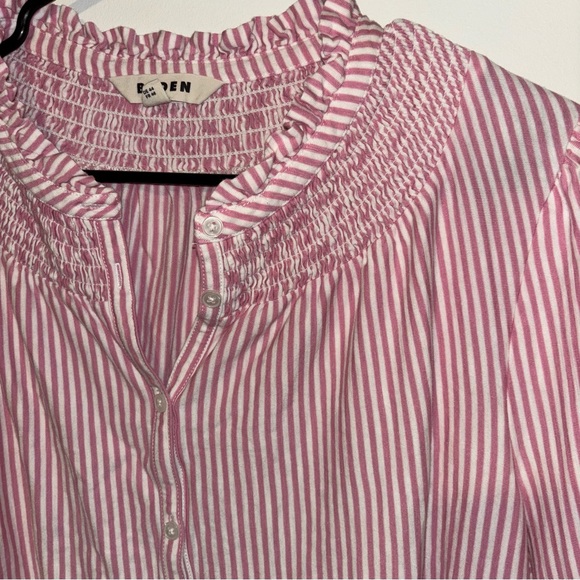 Boden Effie Smocked Pink & White Button-Up Shirt Size 14 - Picture 3 of 7